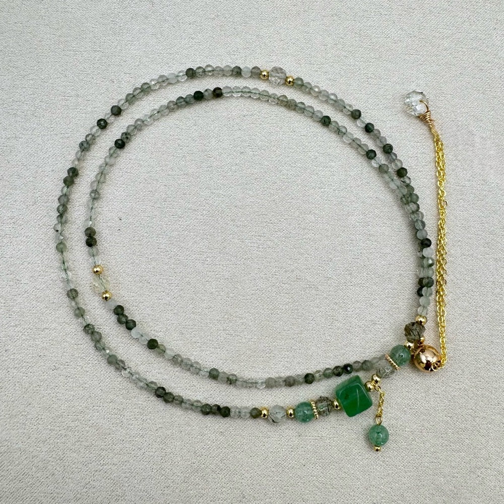 Green Adventurine and Rudilated Quartz Adjustable Necklace
