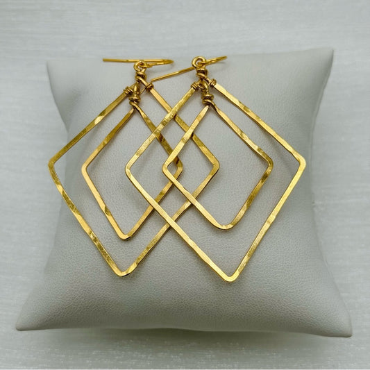 #21 Gold Handmade Hammered Double Diamond Dangle Earrings