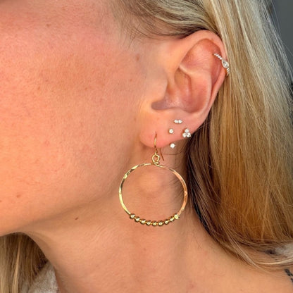 #8 Gold Handmade Hammered Circle w/ 9 Balls Dangle Earrings