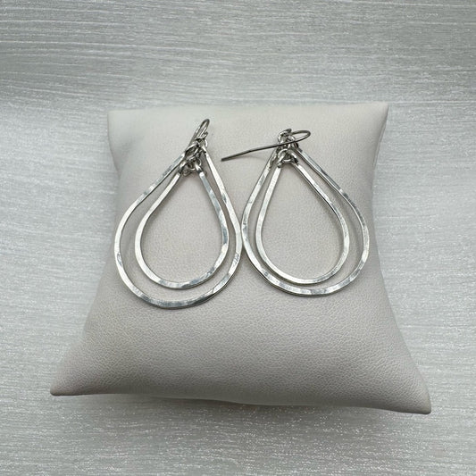 #69 Silver Handmade Hammered Small Double Teardrop Dangle Earrings