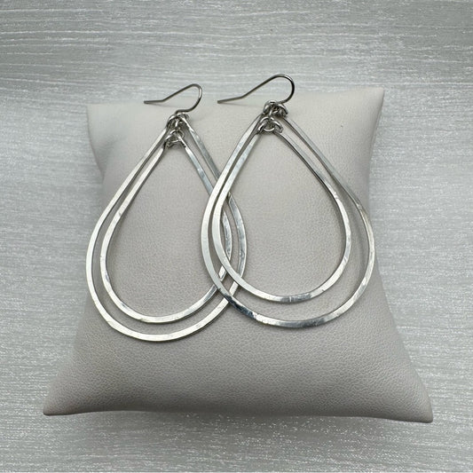 #61 Silver Handmade Hammered Medium Double Teardrop Dangle Earrings