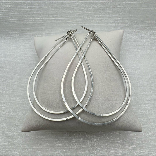 #62 Silver Handmade Hammered Large Double Teardrop Dangle Earrings