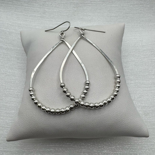 #66 Silver Handmade Hammered Large Teadrop Ball Dangle Earrings