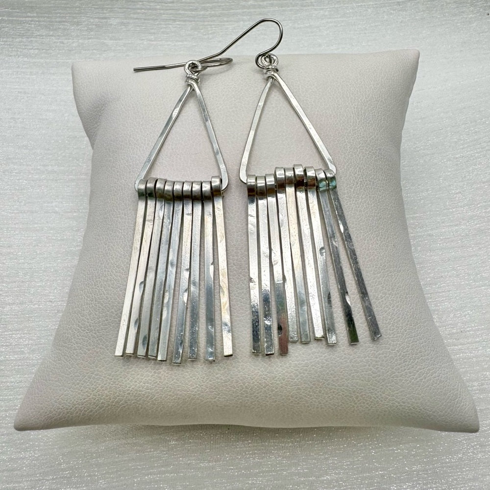 #67 Silver Handmade Hammered Triangle Fringe Dangle Earrings