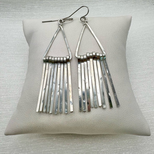 #67 Silver Handmade Hammered Triangle Fringe Dangle Earrings