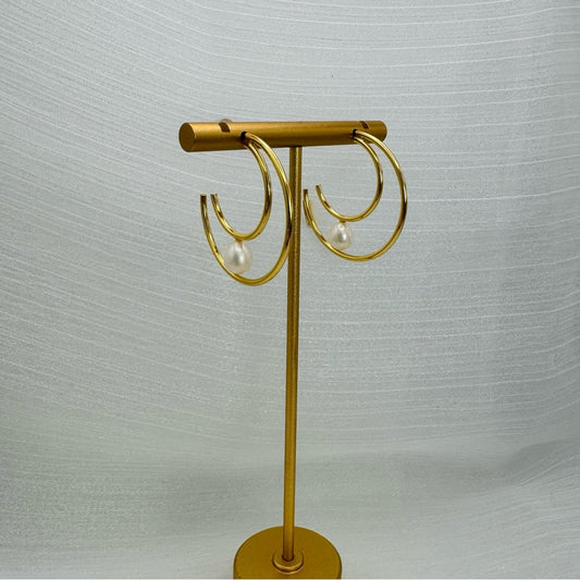 Gold Hoops with Floating Pearl