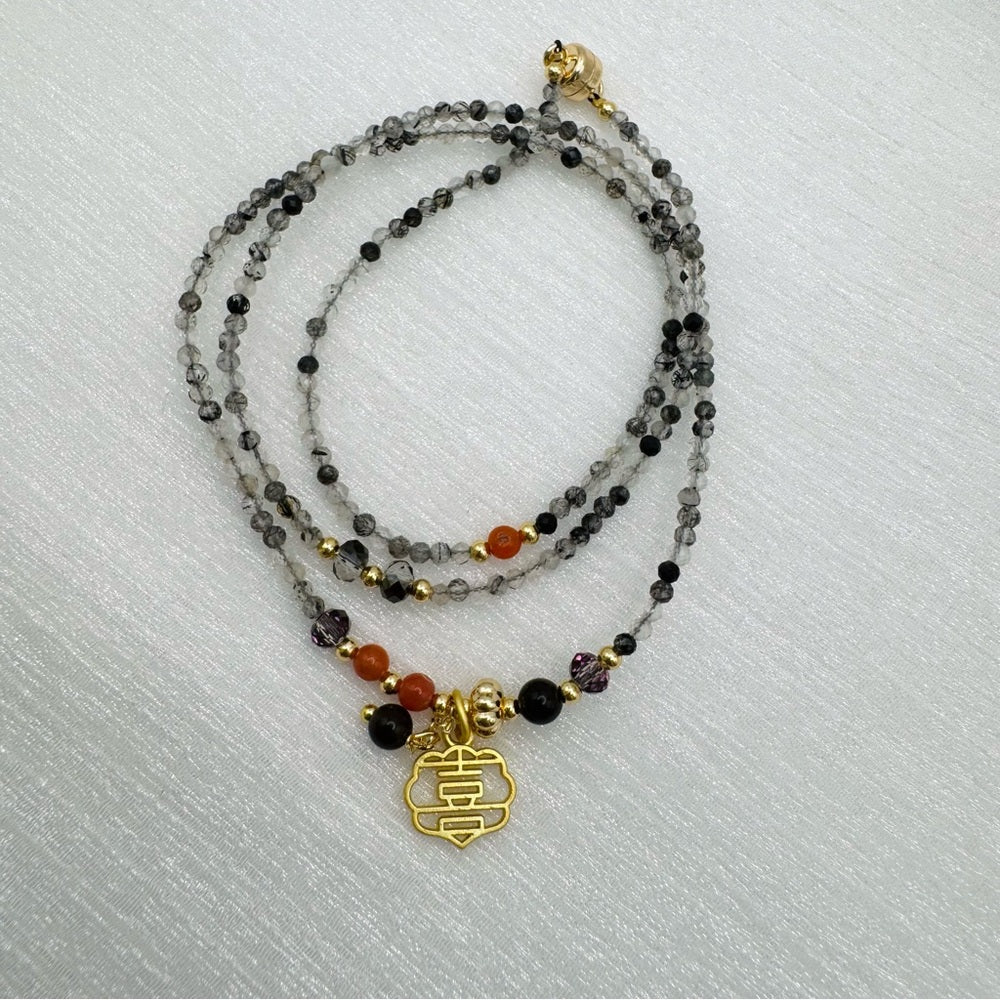 Black Tourmaline & Rutile Quartz Adustable Necklace