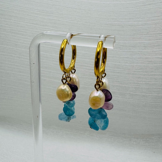 Fluorite & Freshwater Pearl Handmade Hoops