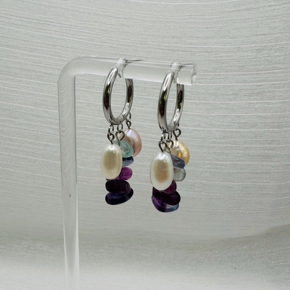 Fluorite & Freshwater Pearl Handmade Hoops
