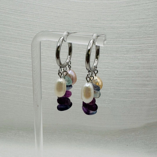 Fluorite & Freshwater Pearl Handmade Hoops