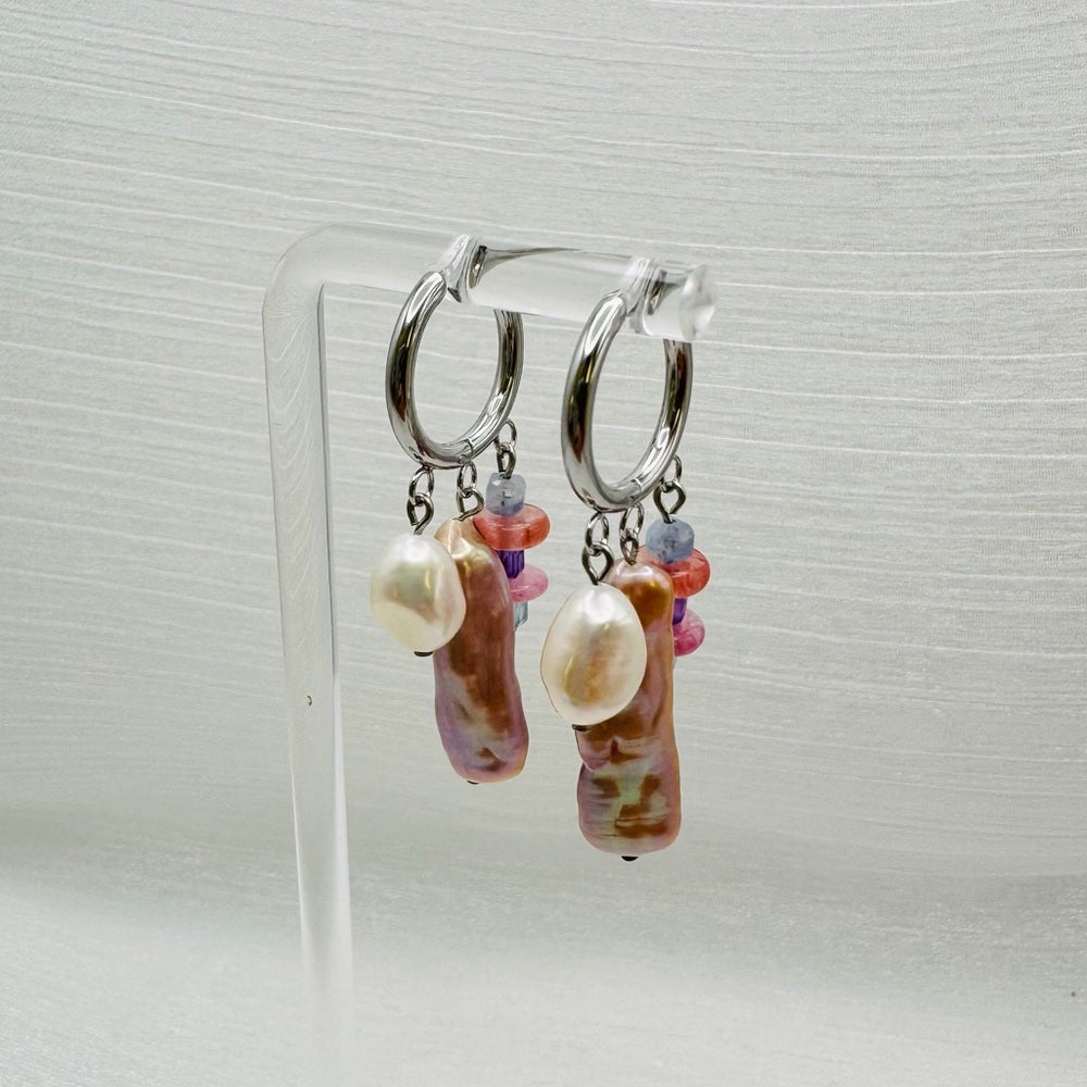 Mixed Gemstone & Pearl Handmade Hoops