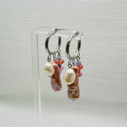 Mixed Gemstone & Pearl Handmade Hoops