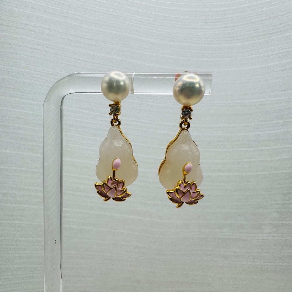 White Jade & Freshwater Pearl Lotus Earrings