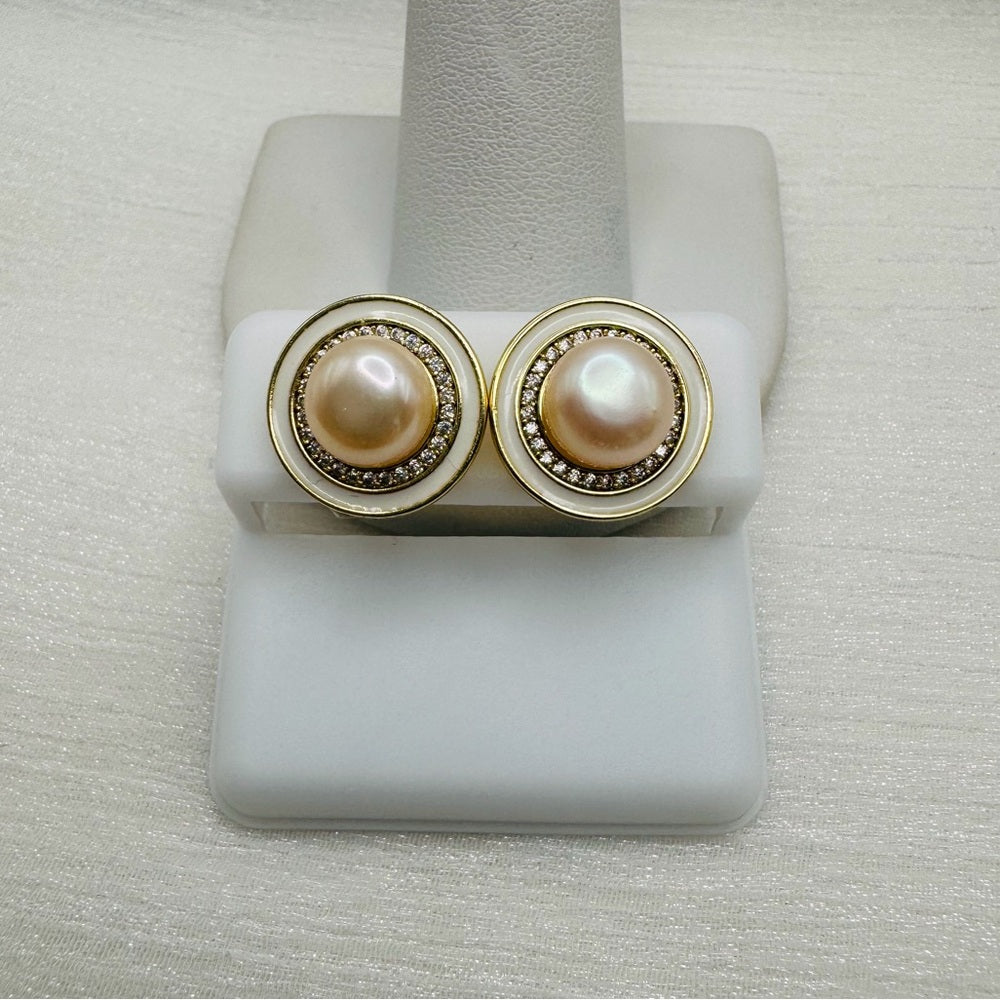 Pearl Stud Earrings with White Studded Setting