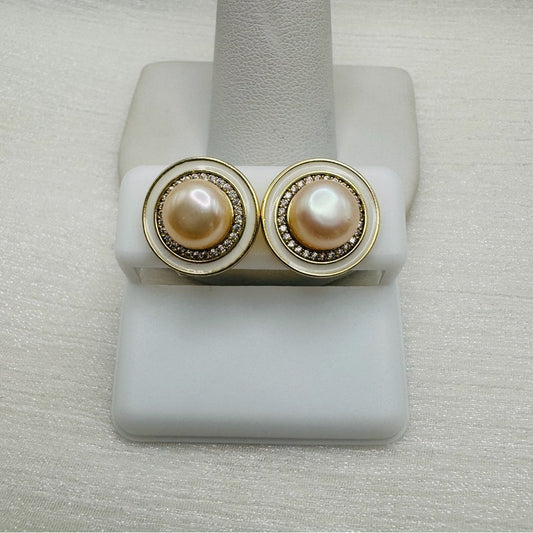 Pearl Stud Earrings with White Studded Setting