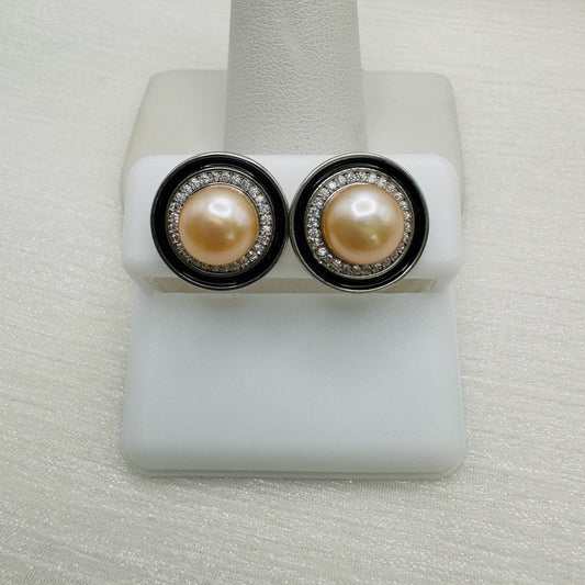 Pearl Stud Earrings with Black Studded Setting