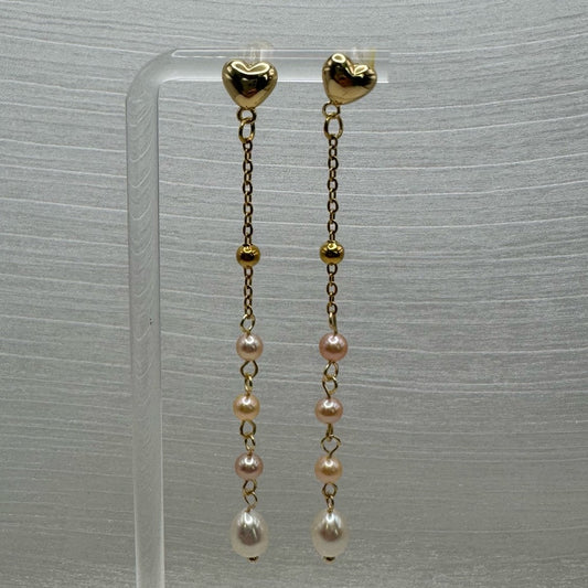 S925 Gold Heart Dangle Earrings with Fresh Water Pearls