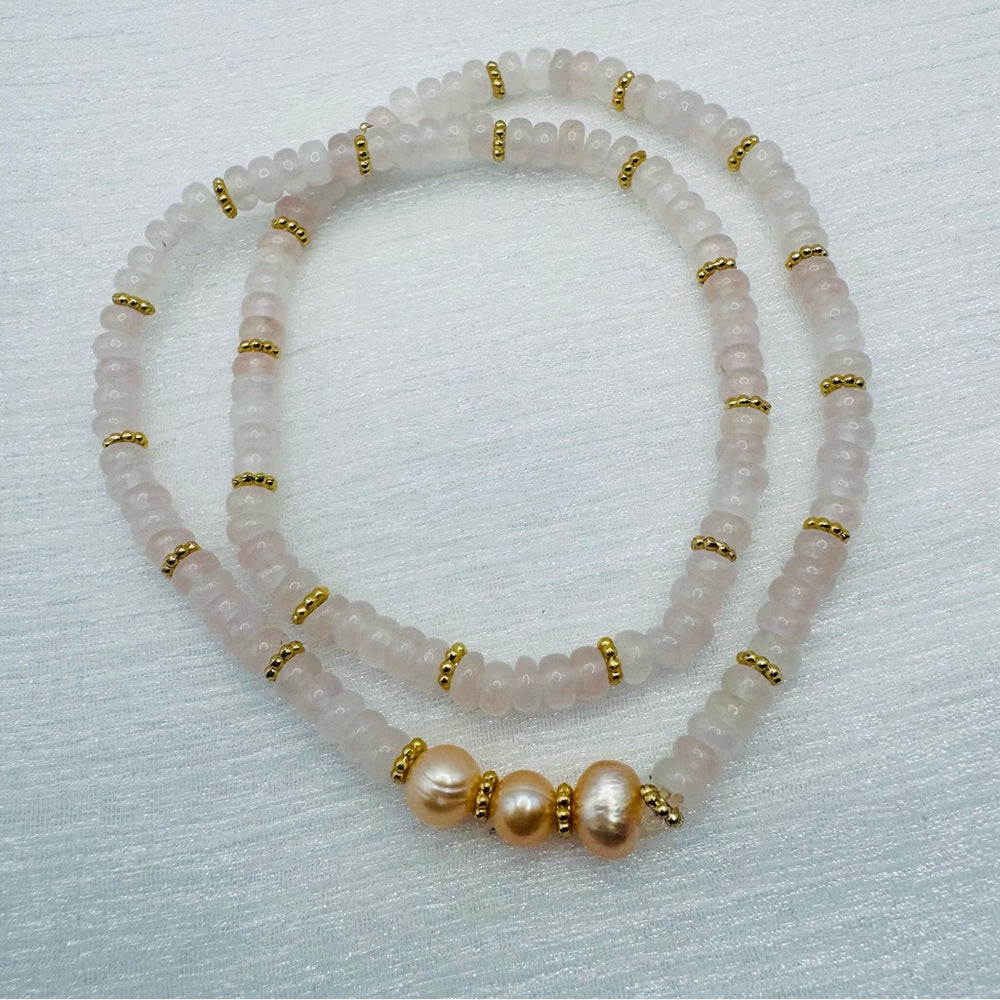 Rose Quartz & Pearl Gemstone Double Stretchy Bracelet