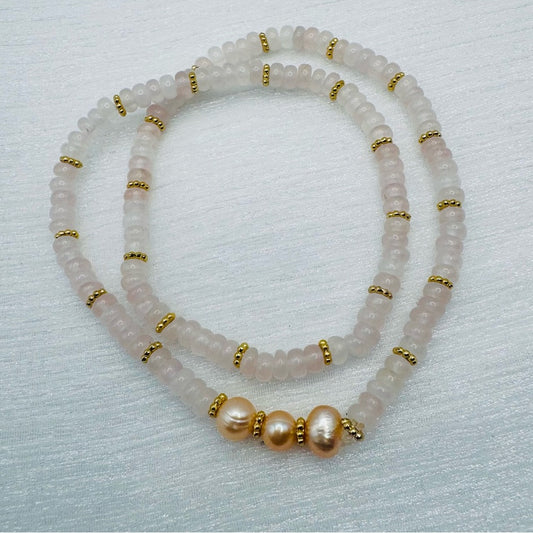 Rose Quartz & Pearl Gemstone Double Stretchy Bracelet