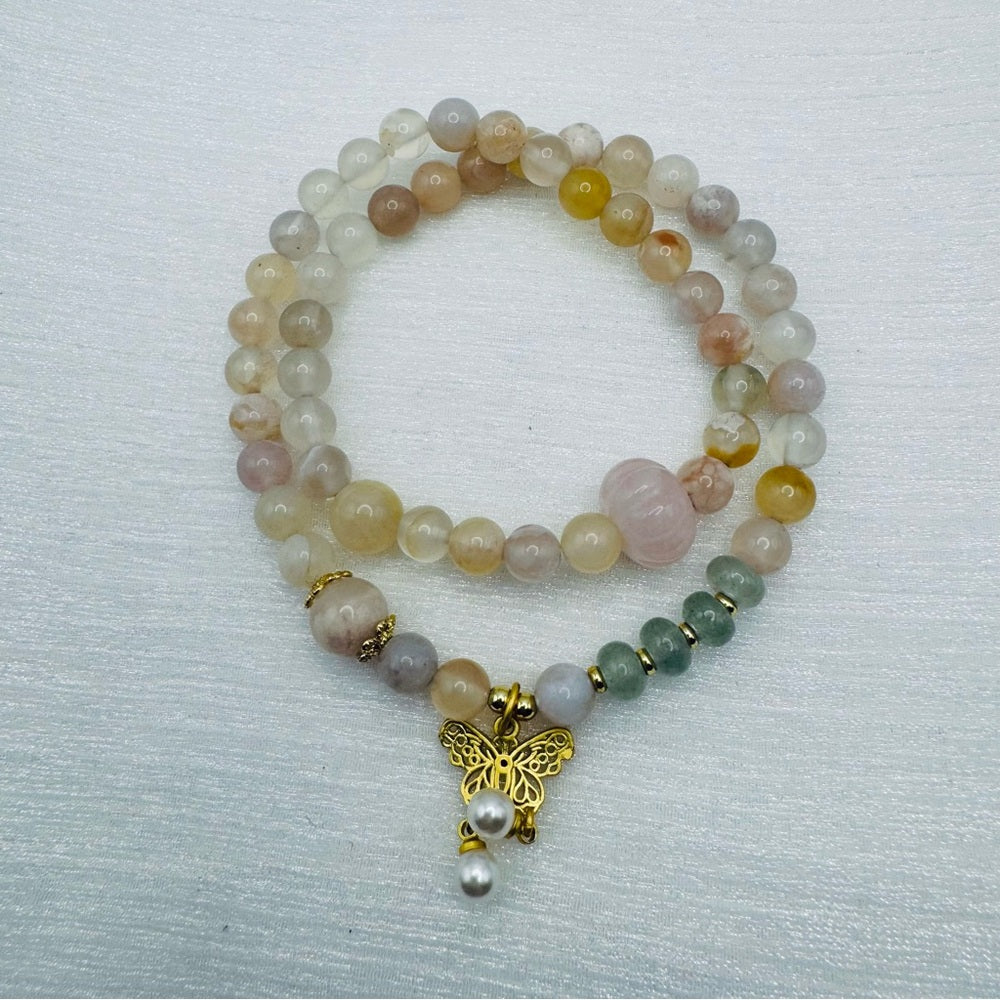 Flower Agate and Jade Gemstone Double Stretchy Bracelet