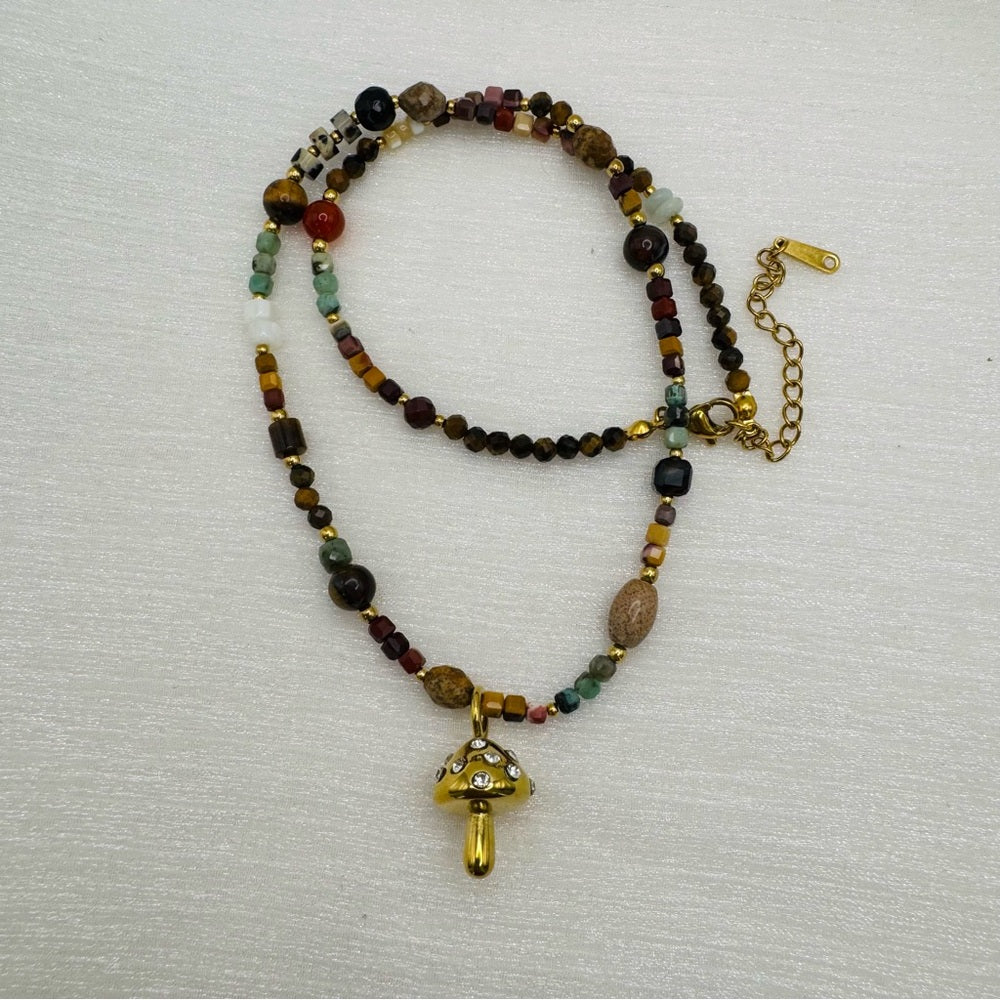 Tigers Eye, Mookite, and Mixed Gemstone Necklace with Mushroom Charm Style #24
