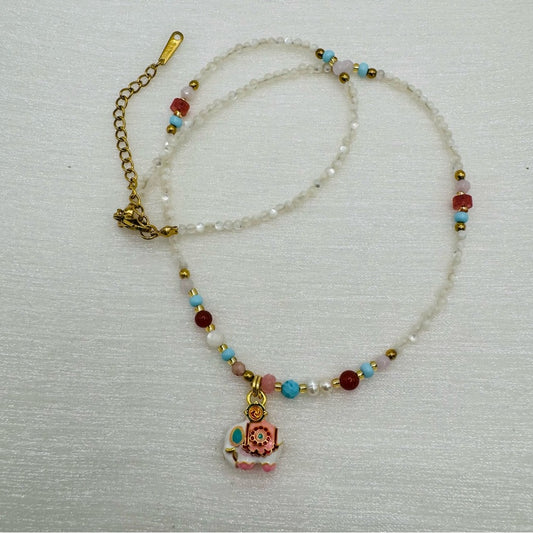 Mother of Pearl and Mixed Gemstone Elephant Necklace