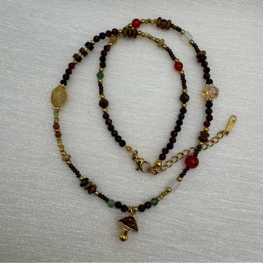 Mixed Natural Gemstone Mushroom Charm Necklace