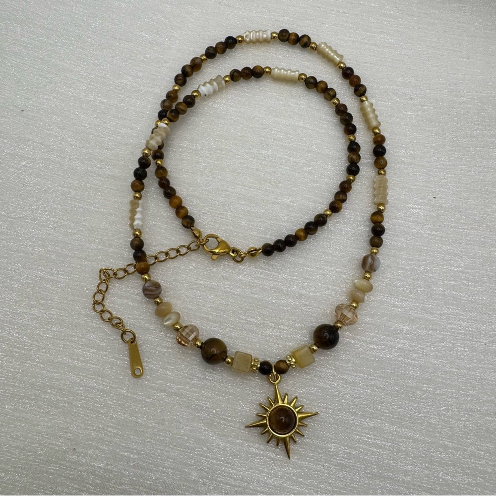 Tigers Eye and Mother of Pearl Sun Necklace