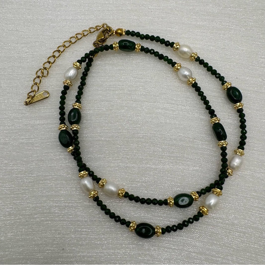 Green Sandstone & Freshwater Pearl Gemstone Necklace