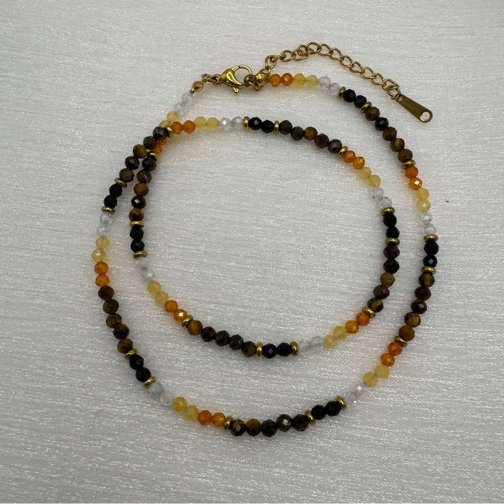 Tigers Eye, Citrine, and Clear Quartz Mixed Gemstone Necklace