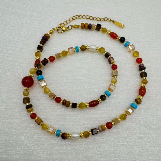Carnelian, Mother of Pearl & Turquoise Gemstone Necklace