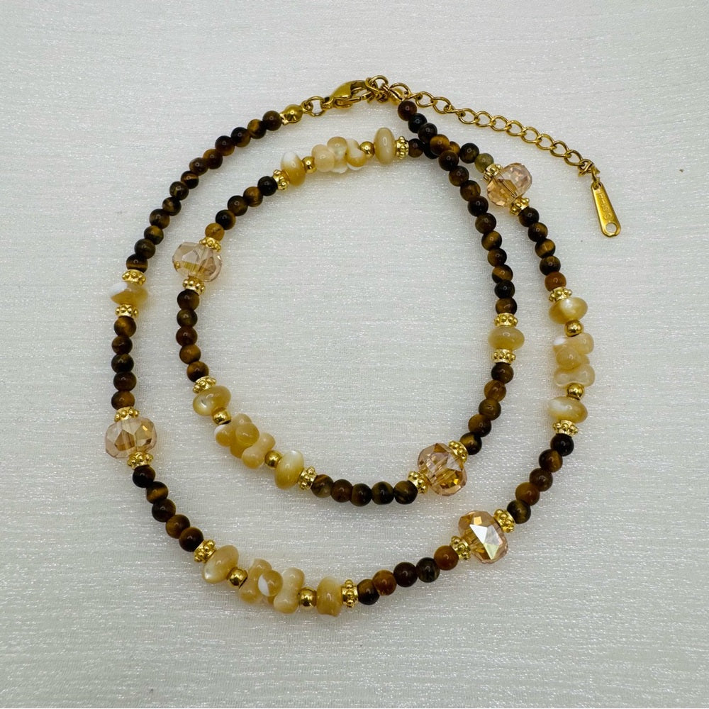 Tigers Eye and Mother of Pearl Beaded Necklace Style #15
