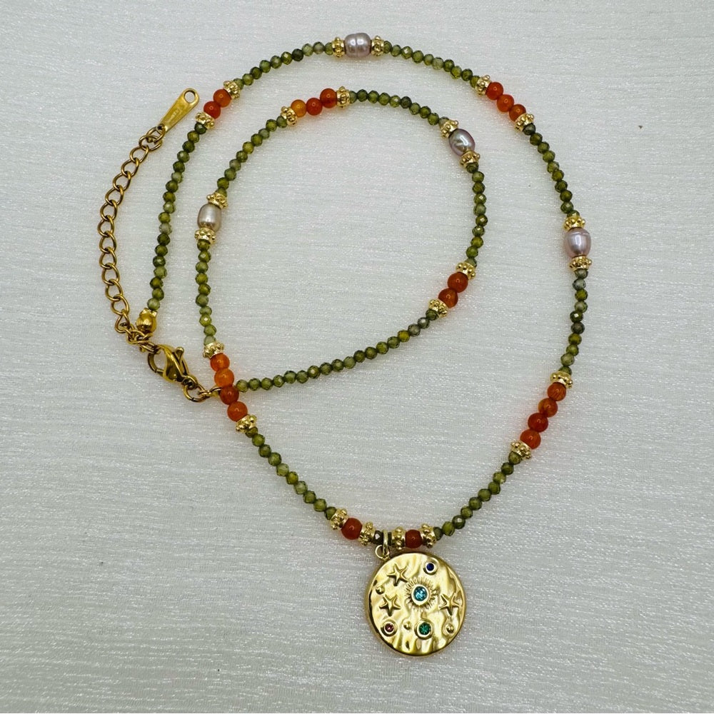 Peridot, Carnelian, and Freshwater Pearl Gemstone Necklace