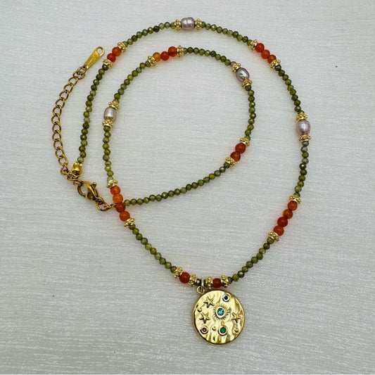 Peridot, Carnelian, and Freshwater Pearl Gemstone Necklace