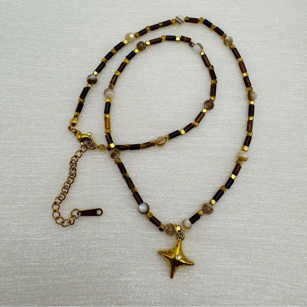 Tigers eye and Mother of Pearl Gemstone Necklace Style #20