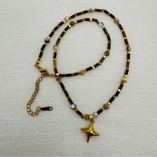 Tigers eye and Mother of Pearl Gemstone Necklace