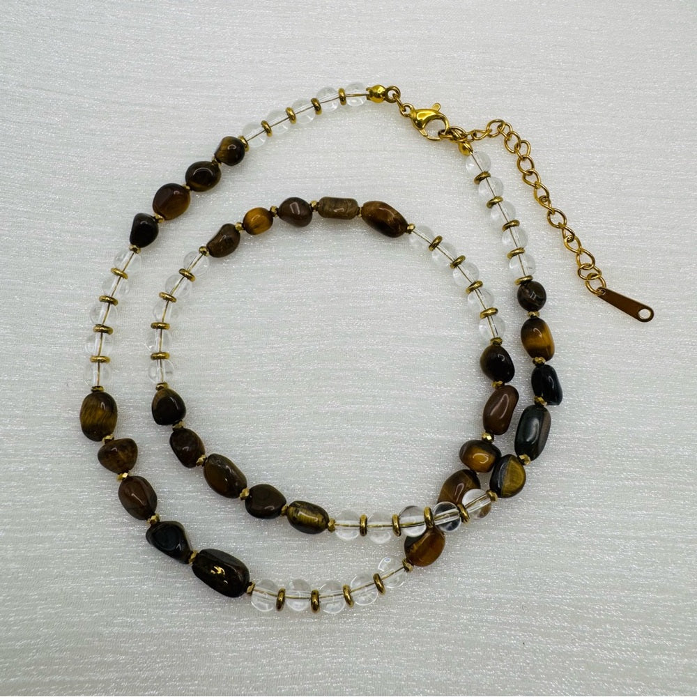 Tigers Eye & Clear Quartz Beaded Necklace Style #18