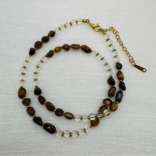Tigers Eye & Clear Quartz Beaded Necklace
