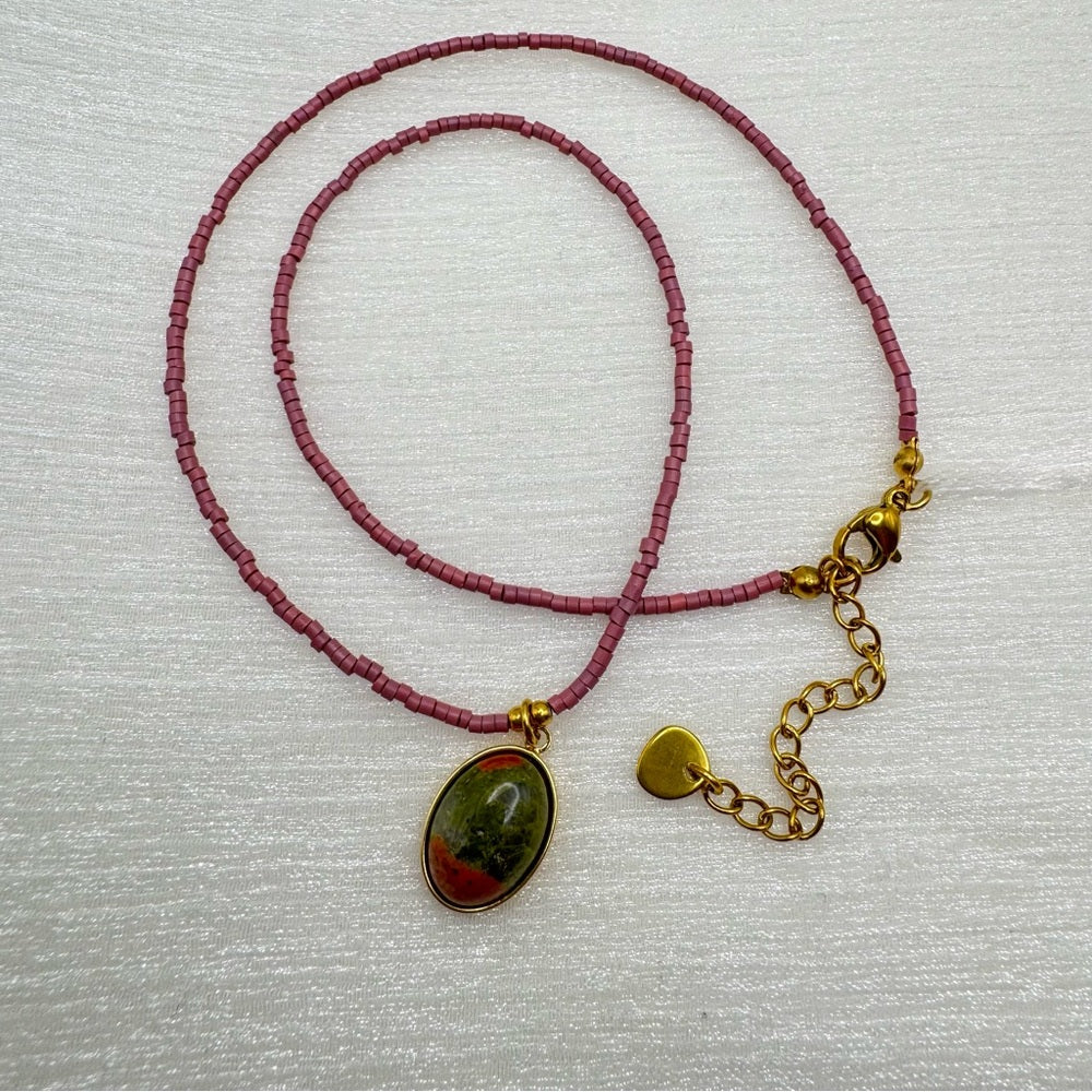 Unakite Pendant & Pink Sead Bead Necklace