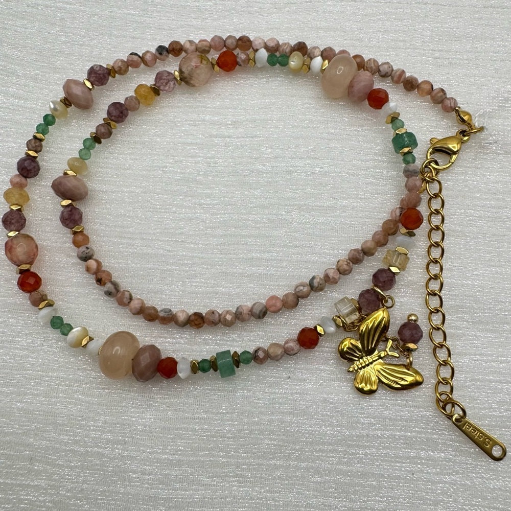 Mixed Gemstone and Freshwater Pearl and Butterfly Charm Necklace