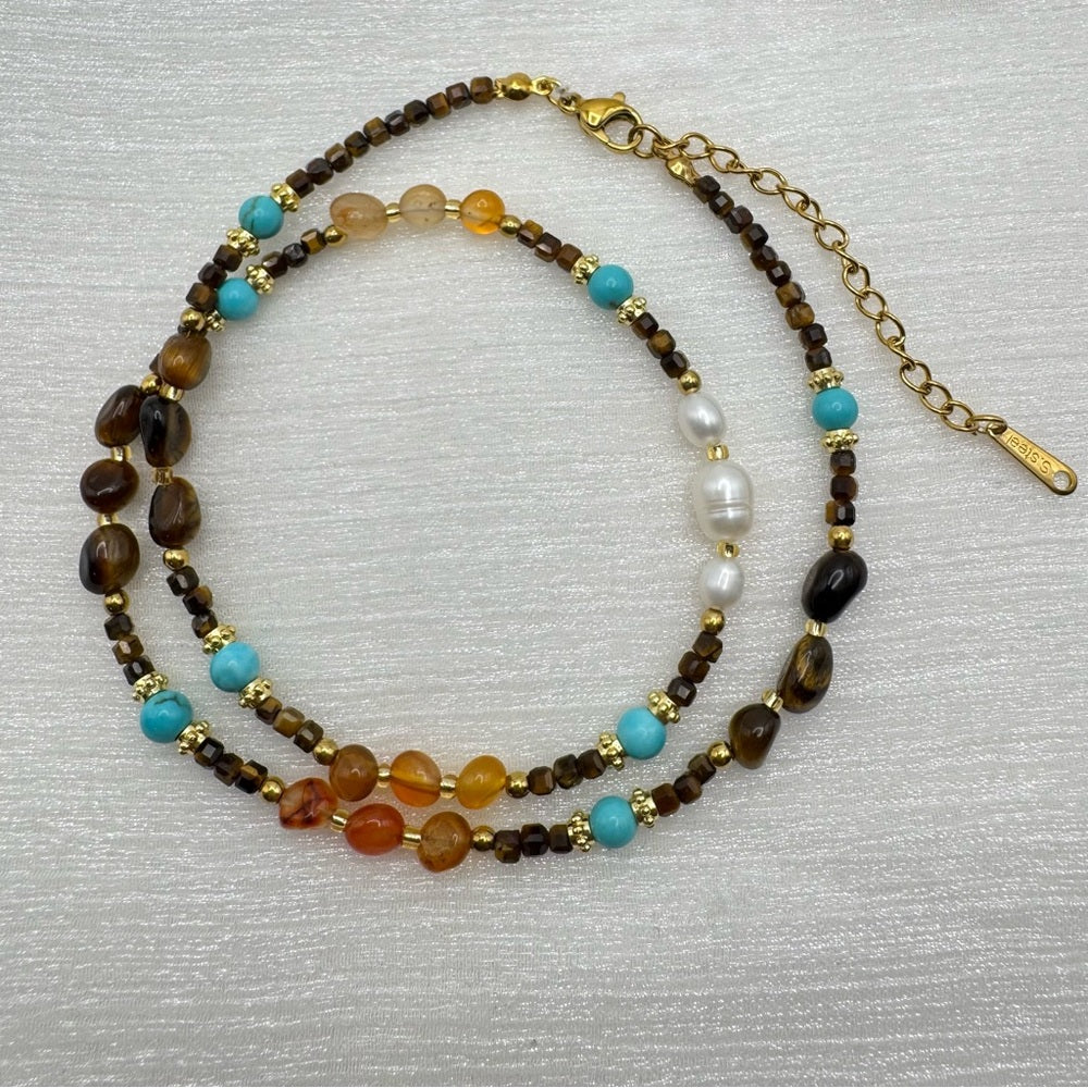 Tiger’s Eye, Carnelian, Turquoise and Freshwater Pearl Necklace Style #32