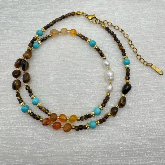 Tiger’s Eye, Smoky Quartz, Turquoise and Freshwater Pearl Necklace
