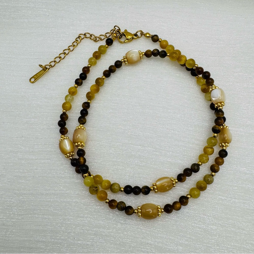 Yellow Jade, Tiger’s Eye, and Mother of Pearl Necklace