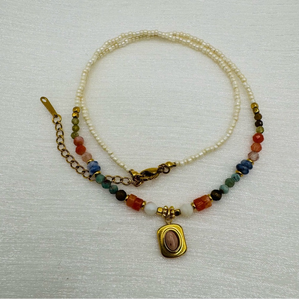 Mixed Gemstone and Rhodonite Pendant Necklace