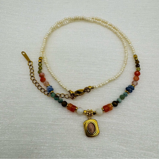 Mixed Gemstone and Rhodonite Pendant Necklace