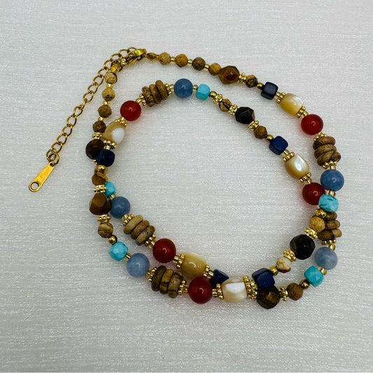 Picture Jasper, Aquamarine, Carnelian and Mixed Gemstone Necklace