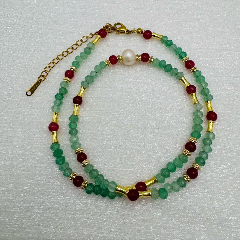 Green Aventurine & Garnet Gemstone and Freshwater Pearl Necklace