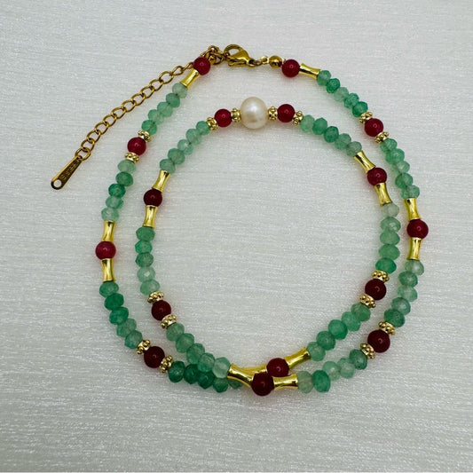 Green Aventurine & Garnet Gemstone and Freshwater Pearl Necklace