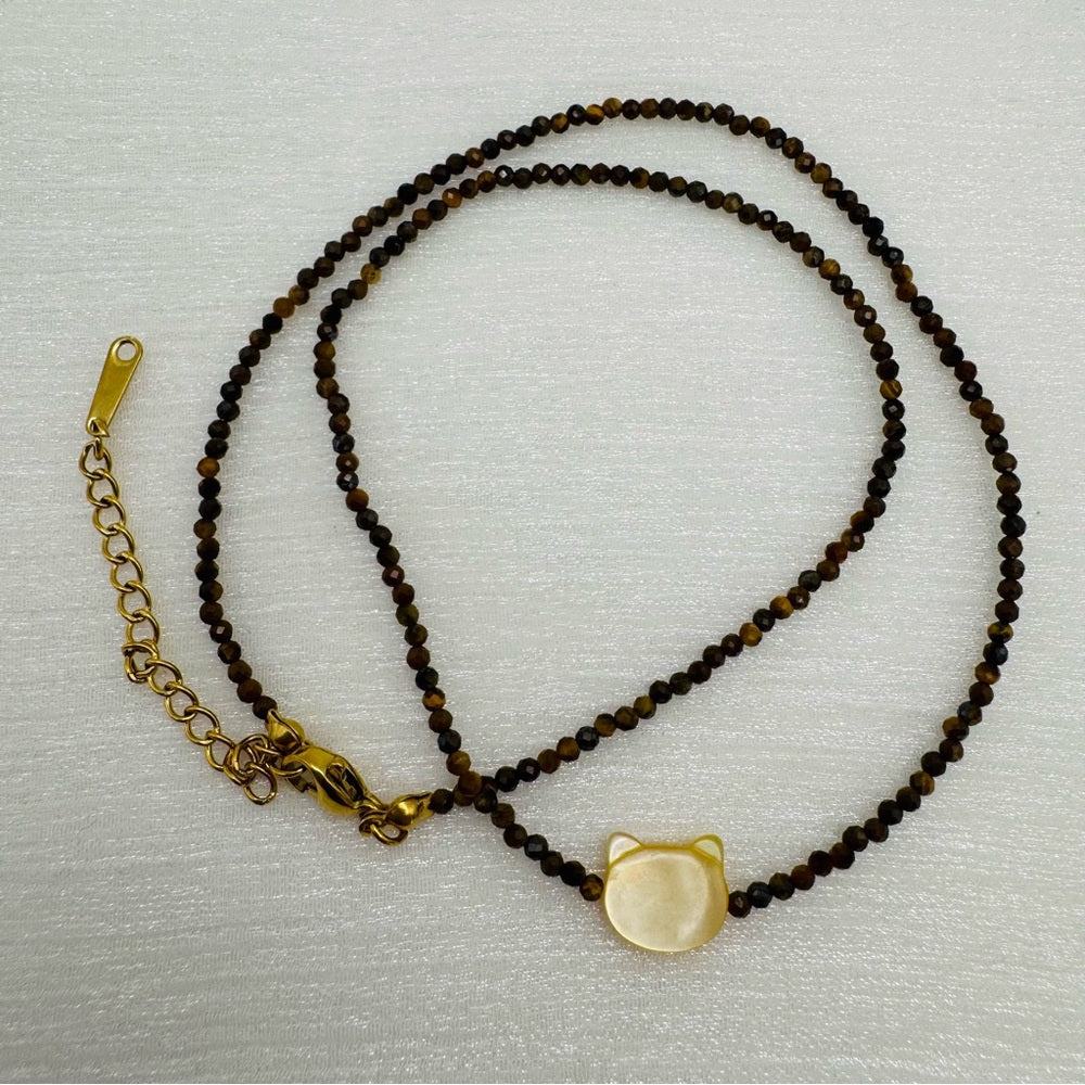 Faceted Tigers Eye and Mother of Pearl Cat Necklace Style #34