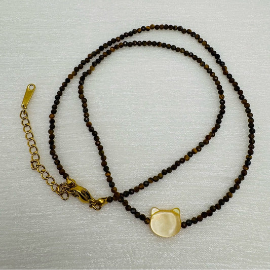 Faceted Tigers Eye and Mother of Pearl Cat Necklace